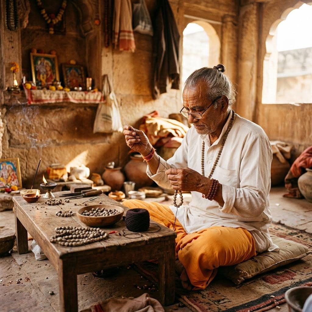 Hands preparing devotional malas with care